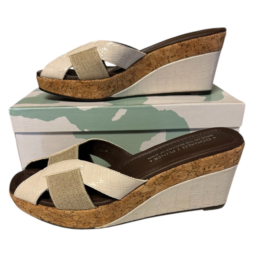 Donald J. Pliner White and Tan Cork Crossband Wedge Sandals